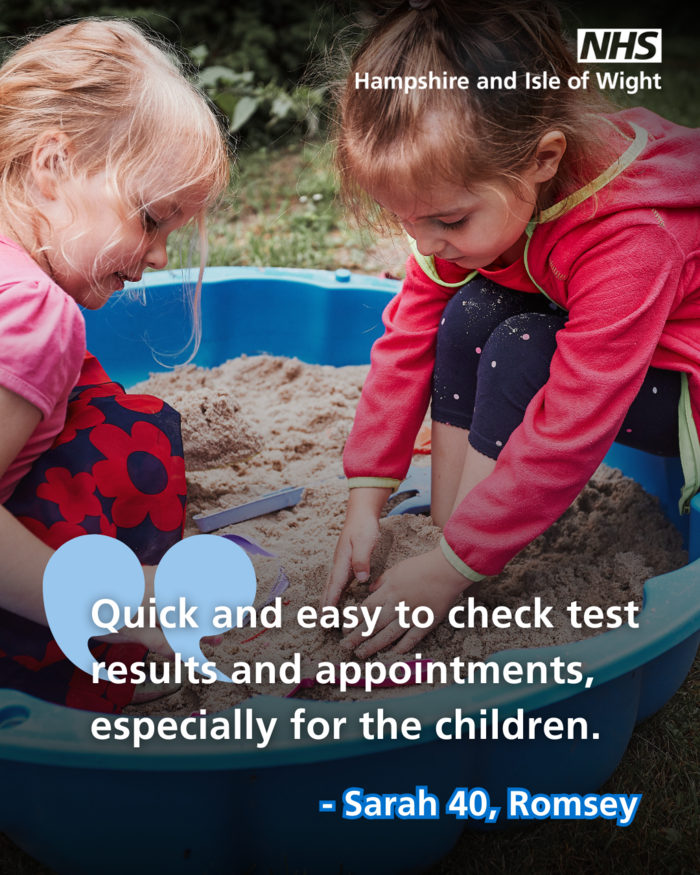 The NHS app social media image - Quick and easy to check test results and appointments especially for the children. Sarah, 40, Romsey.png